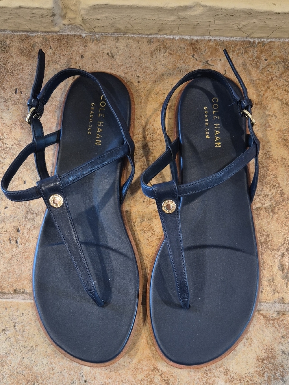 Cole Haan Navy Leather T-Strap Sandals with Gold Accent